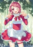  ;d apron blush double_v frills juliet_sleeves lisbeth long_sleeves looking_at_viewer open_mouth pink_eyes pink_hair puffy_sleeves short_hair smile solo sousouman sword_art_online thigh_strap tree v waist_apron wink 
