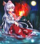  bad_id bamboo bamboo_forest barefoot fire forest fujiwara_no_mokou full_moon hizagawa_rau long_hair moon nature night open_mouth pants partially_submerged red_eyes sitting solo suino suspenders touhou water white_hair 