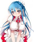  blue_hair blush breasts holding kotomo long_hair looking_at_viewer original simple_background smile solo tray waitress white_background 