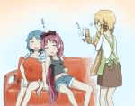  apron blush casual cellphone couch cushion drooling leaning leaning_on_person long_hair mahou_shoujo_madoka_magica midriff miki_sayaka multiple_girls nao-08 open_mouth phone sakura_kyouko shorts sitting skirt sleeping taking_picture tank_top tomoe_mami translated very_long_hair z 