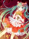  bow dress flower green_eyes green_hair hair_bow hatsune_miku long_hair looking_at_viewer open_mouth r5122007 solo twintails very_long_hair vocaloid 
