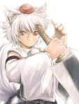  animal_ears bare_shoulders bust detached_sleeves hands hat highres huge_weapon inubashiri_momiji kyoro1230 red_eyes short_hair silver_hair simple_background solo sword tail tokin_hat touhou weapon white_background wide_sleeves wolf_ears wolf_tail 