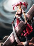  armor armored_dress asymmetrical_clothes boots dress gauntlets highres huge_weapon koma_(wsgtt1300) original pink_eyes pink_hair red_dress short_hair short_twintails solo standing sword twintails weapon 