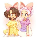  :d ahoge blue_eyes blush bow brown_eyes brown_hair daisy_duck disney dress ear_blush earrings eyeshadow friends gloves hair_bow hand_holding heart holding_hands jewelry kiri_futoshi lavender_hair makeup minnie_mouse multiple_girls open_mouth personification polka_dot polka_dot_dress puffy_short_dress puffy_short_sleeves puffy_sleeves short_hair short_sleeves smile white_gloves yellow_dress 