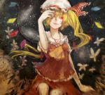  absurdres ascot bad_id blonde_hair butterfly fangs flandre_scarlet hand_on_own_face hat highres long_hair nibanmachi_wakai red_eyes side_ponytail skirt skirt_set solo touhou very_long_hair wings wink 