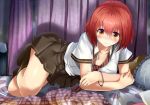  arudehido blush breasts brown_legwear cleavage collarbone crossed_arms curtains kneehighs looking_at_viewer lying necktie no_shoes on_bed on_side original pillow red_hair redhead school_uniform shirt short_sleeves skirt smile solo yellow_eyes 