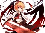  ascot blonde_hair chain chains ex-rumia fang huge_weapon long_sleeves looking_at_viewer midriff open_mouth open_vest ribbon rumia shirt short_hair skirt skirt_set smile solo sword tosura-ayato touhou weapon wings yellow_eyes 