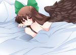  bare_shoulders bed black_hair black_wings blush bow brown_hair hair_bow hammer_(sunset_beach) highres long_hair nude pillow red_eyes reiuji_utsuho solo touhou under_covers wings 