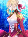  blonde_hair blue_eyes breasts cleavage dress epaulettes fate/extra fate_(series) hair_ribbon highres kuruwa223 ribbon saber_extra solo 