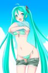  aqua_eyes aqua_hair bikini hatsune_miku highres long_hair minazuki_itto navel open_mouth short_shorts shorts side-tie_bikini solo striped striped_bikini striped_swimsuit swimsuit twintails very_long_hair vocaloid 