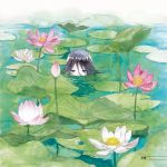  black_hair blue_eyes flower lily_pad long_hair lotus moekon original partially_submerged solo water 