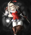  armor armored_dress armored_skirt blonde_hair blue_eyes boots bow bravely_default:_flying_fairy bravely_default_flying_fairy edea_lee gauntlets hair_bow katana long_hair pantyhose ribbon solo sword tamakaga tights weapon wide_hips 