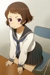  &gt;:o :o arm_support brown_hair folding_chair hyouka ibara_mayaka mattaku_mosuke pleated_skirt purple_eyes school_uniform serafuku short_hair skirt solo table violet_eyes 