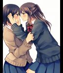  blush brown_eyes brown_hair cardigan eye_contact hachiko_(hati12) hands_on_another's_face long_hair looking_at_another multiple_girls original payot pillarboxed school_uniform simple_background skirt white_background yuri 
