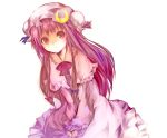  :&lt; bow capelet chagu crescent double_bun dress hair_bow hat highres long_hair looking_at_viewer patchouli_knowledge purple_eyes purple_hair solo touhou v_arms violet_eyes white_background 