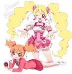  :q ;d blonde_hair cure_peach doughnut dual_persona fresh_precure! heart long_hair looking_at_viewer lying magical_girl momozono_love multiple_girls open_mouth owarine_miku pink_eyes precure school_uniform simple_background skirt smile title_drop tongue twintails white_background wink 