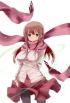  black_legwear breast_hold brown_hair cardigan erect_nipples green_eyes highres long_hair matsumi_yuu nazo_no_murasame_chiaki pantyhose saki saki_achiga-hen scarf skirt smile solo standing white_background wind wind_lift 