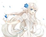  1girl ahoge blonde_hair blue_eyes bow butterfly copyright_request dress flower gebebebebebe hair_between_eyes hair_flower hair_ornament long_hair outstretched_arms petals smile solo spread_arms white_dress 