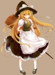  apron black_dress braid broom brown_eyes dress hair_ribbon hat hat_ribbon hongmao kirisame_marisa long_hair puffy_sleeves ribbon short_sleeves solo touhou very_long_hair waist_apron witch_hat 