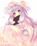  artist_name blush book bow covering_mouth crescent flying_sweatdrops hair_bow hat highres long_hair patchouli_knowledge purple_eyes purple_hair solo touhou verjuice very_long_hair violet_eyes 