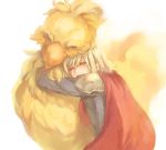  ^_^ ace_(fft-0) blonde_hair cape chocobo closed_eyes eyes_closed final_fantasy final_fantasy_type-0 habbitrot hug open_mouth simple_background white_background 