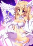  1girl angel_wings armlet armor bare_shoulders bird blonde_hair breasts cleavage cloud clouds crossed_legs feathers head_wings headgear highres lance large_breasts legs_crossed long_hair midriff natsumiya_yuzu navel original panties polearm purple_eyes shield shiny shiny_skin sitting skirt sky smile solo thighhighs underwear upskirt valkyrie violet_eyes weapon white_legwear white_panties wings 