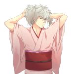  1boy crossdressinging gintama grey_hair japanese_clothes kimono natsuwo o3o red_eyes sakata_gintoki short_twintails silver_hair solo twintails tying_hair 