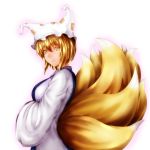  blonde_hair fox_tail hands_in_sleeves hat highres multiple_tails nikonikosiro short_hair simple_background smile solo tabard tail touhou white_background yakumo_ran yellow_eyes 