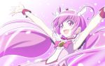  1girl :d choker cure_happy dress earrings h-new hair_ornament highres hoshizora_miyuki jewelry long_hair magical_girl open_mouth pink_background pink_eyes pink_hair precure skirt smile smile_precure! solo tiara twintails wrist_cuffs 