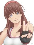  ao_(dtb01) bare_shoulders blue_eyes breasts brown_hair bust dead_or_alive fingerless_gloves gloves hairband highres hitomi long_hair solo tank_top v 