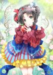 apple bare_shoulders bow dress food frilled_dress frills fruit green_eyes grey_hair hair_bow hat open_mouth original ribbon short_twintails solo twintails yamadori_ofuu 