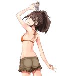  asterism bikini_top blush brown_eyes brown_hair from_behind gunvarel highres looking_back object_on_head open_mouth robotics;notes senomiya_akiho shorts solo toy v 