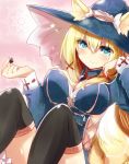  animal_ears aoi_(naomi) blonde_hair breasts cleavage fox_ears fox_tail hat long_hair naomi_(sekai_no_hate_no_kissaten) original solo tail thigh-highs thighhighs witch_hat 