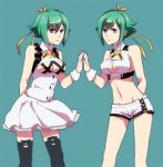  aqua_eyes aquarion_(series) aquarion_evol bare_shoulders black_legwear blush breasts chirugekiai cleavage_cutout dual_persona green_hair hair_ornament hair_ribbon highres large_breasts looking_at_viewer midriff navel no_panties open_mouth panties panty_pull purple_eyes ribbon short_hair short_shorts shorts skirt skirt_lift standing thigh-highs thighhighs underwear violet_eyes wrist_cuffs wristband zessica_wong 