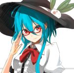  adjusting_glasses ahoge bespectacled blue_hair blush bow bust food frills fruit glasses hat hinanawi_tenshi miruto_netsuki payot peach puffy_sleeves red-framed_glasses red_eyes semi-rimless_glasses short_sleeves smile solo touhou 