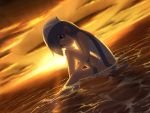  backlighting blue_eyes blue_hair dutch_angle hat ikamusume long_hair looking_at_viewer misoinu one-piece_swimsuit shinryaku!_ikamusume submerged sunset swimsuit tentacle_hair water wet 