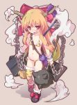  :d bikini blonde_hair blush chain chains collarbone holding horns ibuki_suika long_hair mace open_mouth red_eyes roke single_thighhigh smile solo swimsuit thigh-highs thighhighs tiger_print touhou walking weapon 