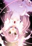  :d arms_up dress feathers gloves goddess_madoka highres kaname_madoka kzom long_hair magical_girl mahou_shoujo_madoka_magica open_mouth pink_hair short_twintails smile solo spoilers star_(sky) twintails two_side_up ultimate_madoka upside-down white_gloves yellow_eyes 