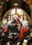  absurdres bad_id book boots border bow bracelet chair cloak colored_eyelashes dress fingerless_gloves gloves hairband high_heels highres hood hood_down jewelry lantern long_hair looking_at_viewer miruto_netsuki original payot reading red_eyes shoes silver_hair solo tree window 