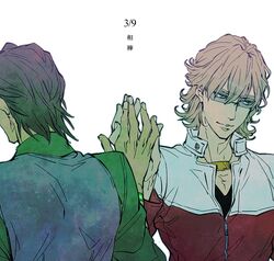  bad_id barnaby_brooks_jr blonde_hair brown_hair glasses high_five jacket kaburagi_t_kotetsu lotto_honey multiple_boys muted_color red_jacket tiger_&amp;_bunny vest waistcoat 