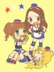  blonde_hair brown_eyes brown_hair food green_eyes hamburger hat hoshii_miki idolmaster inline_skates long_hair minase_iori moji_(ooyr) roller_skates simple_background skates sleeping takatsuki_yayoi twintails wristband yellow_background 