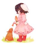  animal_ears boots brown_hair bunny bunny_ears bunny_tail carrot dress feeding from_behind inaba_tewi mixed_media pink_dress rabbit rabbit_ears rubber_boots short_hair solo standing tail terajin touhou traditional_media wellingtons white_background 