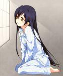  1girl barefoot blue_hair blush brown_eyes long_hair love_live!_school_idol_project open_mouth pajamas sitting smile solo sonoda_umi wariza 