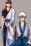  artist_request bespectacled black_hair brown_eyes cosplay costume_switch gintama glasses japanese_clothes katana multiple_boys official_art red_eyes sakata_gintoki sakata_gintoki_(cosplay) sheath sheathed shimura_shinpachi shimura_shinpachi_(cosplay) silver_hair sword weapon 