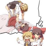  &gt;_&lt; =_= ascot bare_shoulders black_legwear blonde_hair bow detached_sleeves hair_bow hair_ribbon hair_tubes hakurei_reimu hihachi imagining mouth_pull multiple_girls outstretched_arms ribbon rumia short_hair smile socks spread_arms surfboard_(wrestling) tears teeth touhou white_background wrestling 