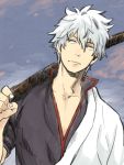  bokken gintama japanese_clothes nirok over_shoulder sakata_gintoki silver_hair smile solo sword sword_over_shoulder weapon weapon_over_shoulder wooden_sword 