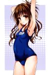  absurdres armpits arms_up bare_shoulders brown_eyes brown_hair flat_chest halftone halftone_background highres long_hair payot scan school_swimsuit shiny shiny_skin smile solo swimsuit to_love-ru to_love-ru_darkness yabuki_kentarou yuuki_mikan 
