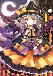  alternate_costume bat bat_wings bow halloween hat hat_ribbon jack-o&#039;-lantern jack-o'-lantern jaku_sono looking_at_viewer moon puffy_sleeves red_eyes remilia_scarlet ribbon shirt short_sleeves silver_hair skirt skirt_set sky smile solo star_(sky) touhou wings witch_hat wrist_cuffs wrist_ribbon 