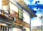 1girl architecture gintama gk29 house kagura_(gintama) sakata_gintoki shimura_shinpachi traditional_media watercolor_(medium) 
