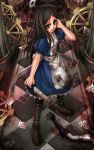  alice_(wonderland) black_hair blood card examheart gears green_eyes highres jewelry knife long_hair necklace playing_card smile solo 